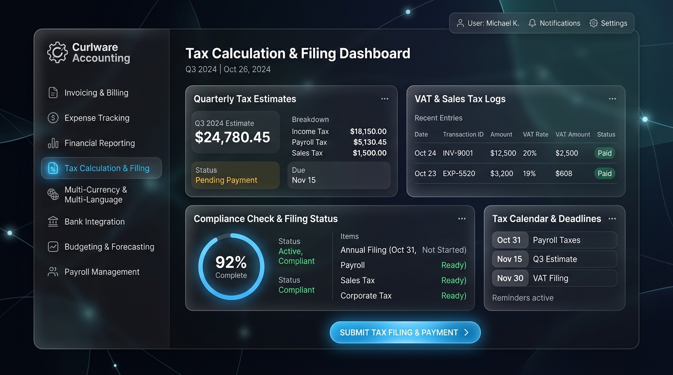Tax Calculation & Filing Dashboard Mockup